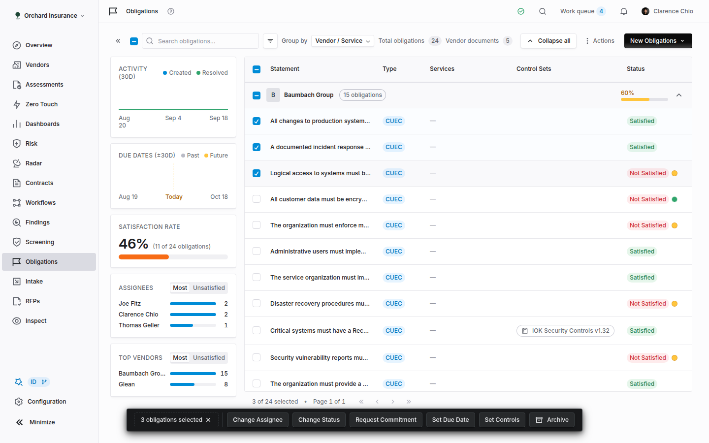 The obligations table with several rows selected and a floating bar offering Change Assignee, Change Status, Request Commitment, Set Due Date, Set Controls and Archive