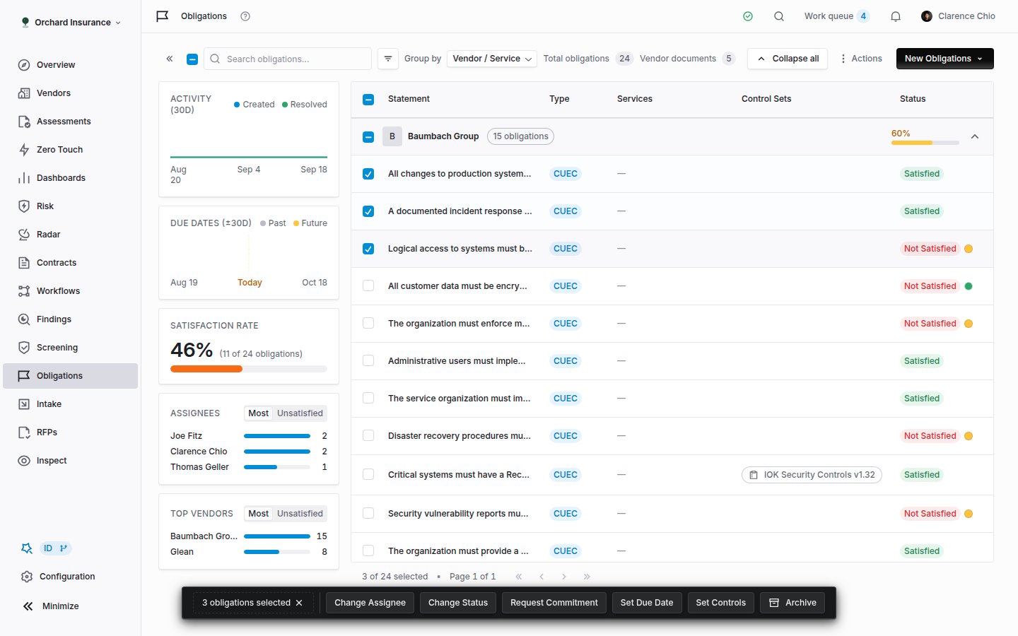 The obligations table with several rows selected and a floating bar offering Change Assignee, Change Status, Request Commitment, Set Due Date, Set Controls and Archive