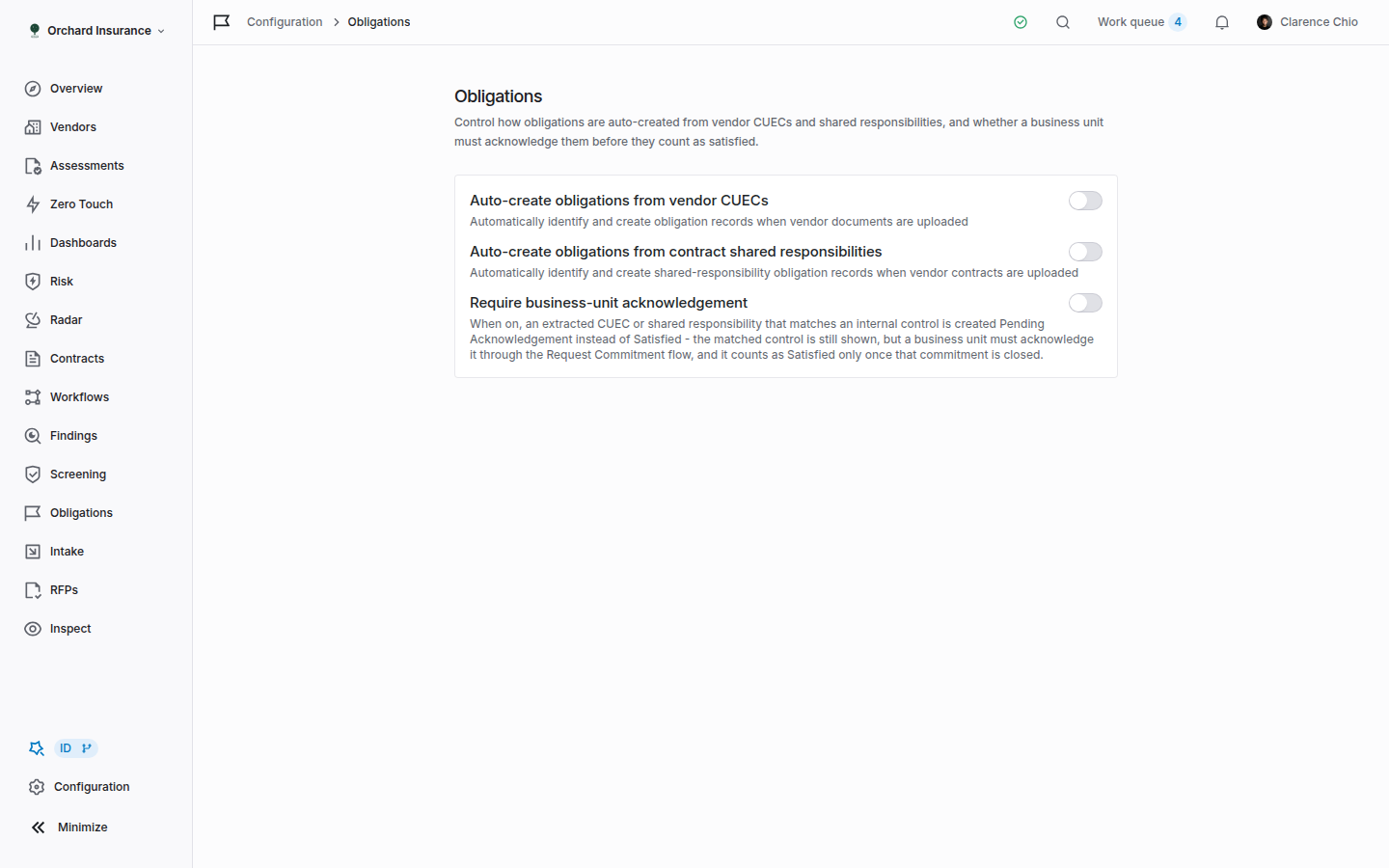 The Obligations configuration page with three switches: auto-create from vendor CUECs, auto-create from contract shared responsibilities, and require business-unit acknowledgement