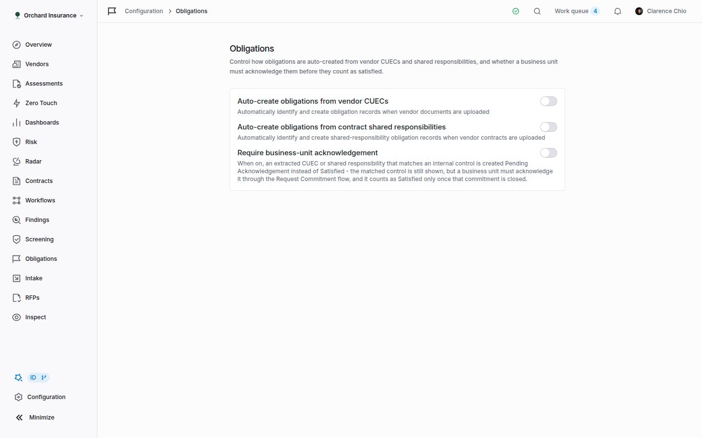 The Obligations configuration page with three switches: auto-create from vendor CUECs, auto-create from contract shared responsibilities, and require business-unit acknowledgement