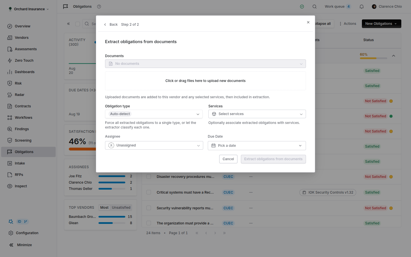 The Extract obligations from documents modal, step 2, with document selection, an upload area, obligation type set to Auto-detect, services, assignee and due date fields
