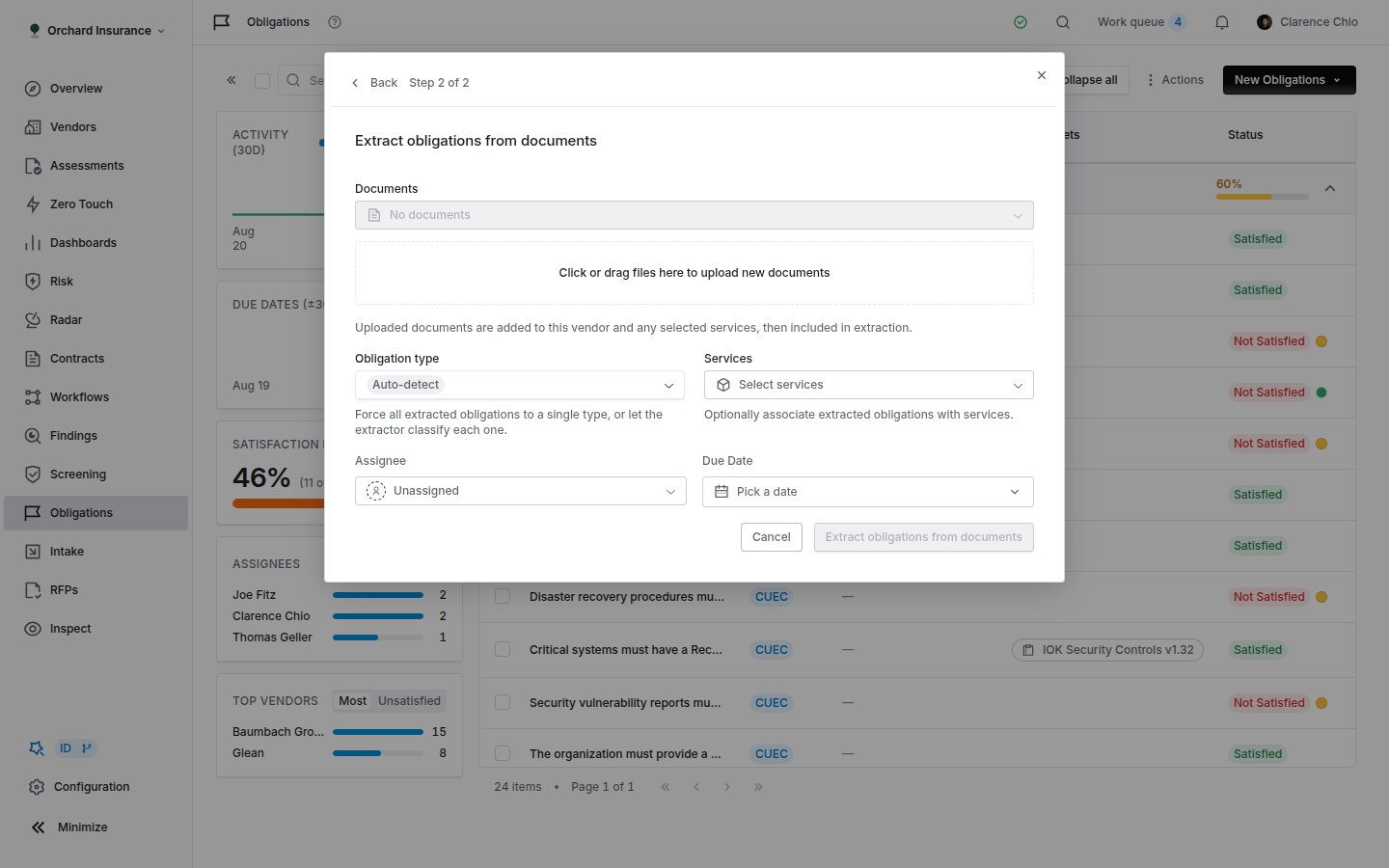 The Extract obligations from documents modal, step 2, with document selection, an upload area, obligation type set to Auto-detect, services, assignee and due date fields