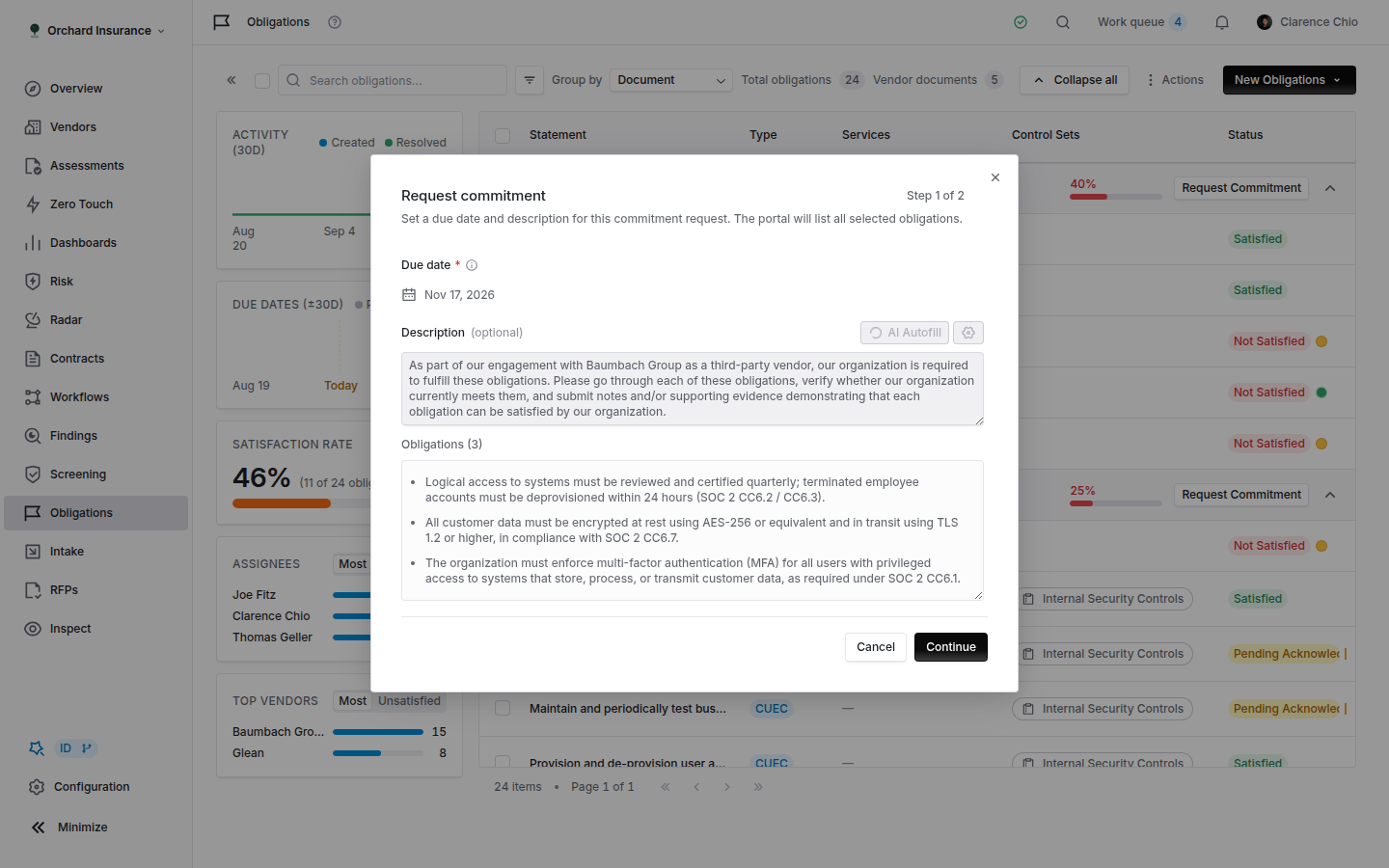 The Request commitment modal showing a due date field, a description with AI autofill, and a list of the selected obligation statements