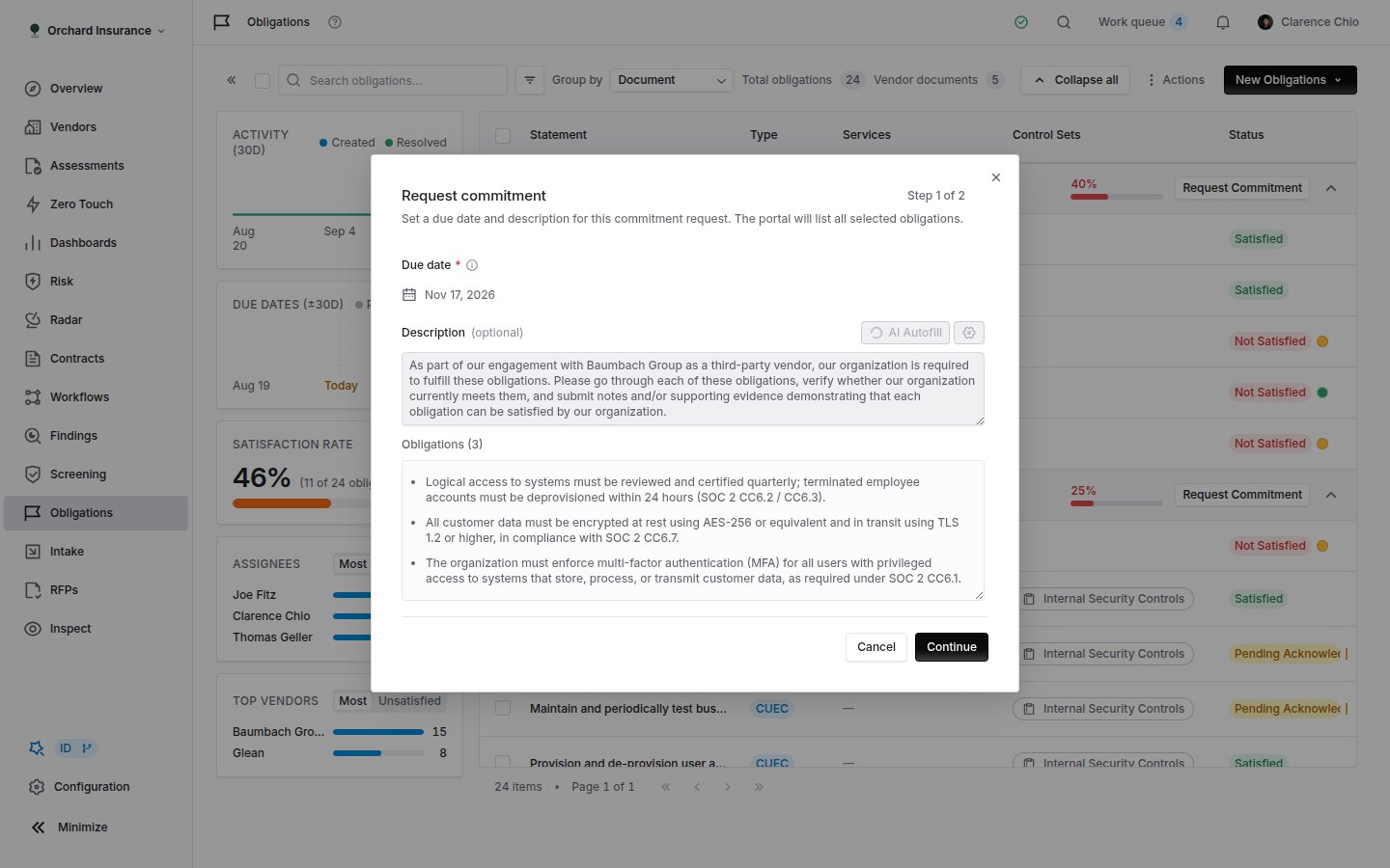 The Request commitment modal showing a due date field, a description with AI autofill, and a list of the selected obligation statements