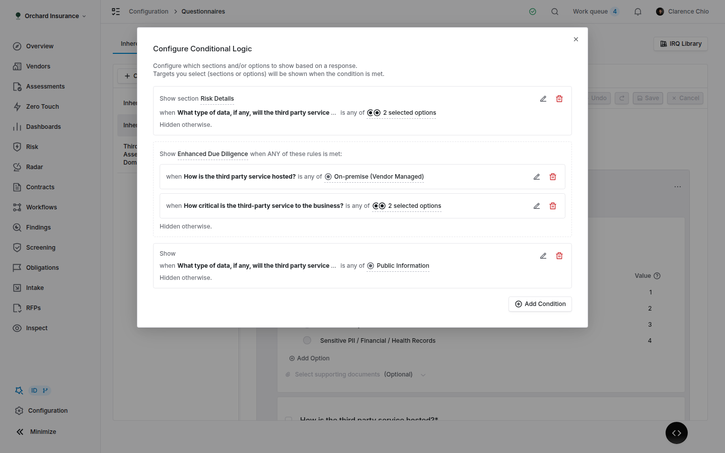 The Configure Conditional Logic dialog listing rules grouped by target section