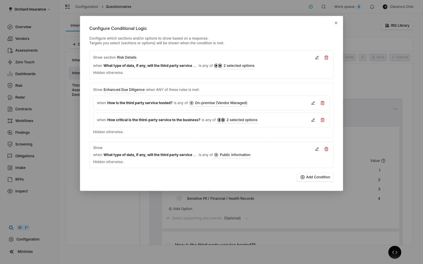 The Configure Conditional Logic dialog listing rules grouped by target section