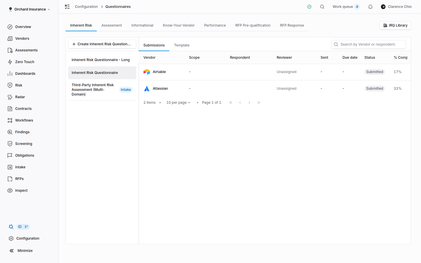 The Submissions tab of an inherent risk questionnaire listing vendors with status badges, reviewers, and scores