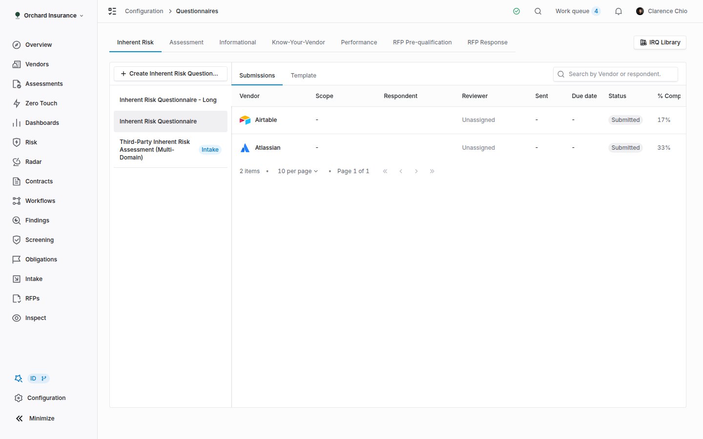 The Submissions tab of an inherent risk questionnaire listing vendors with status badges, reviewers, and scores