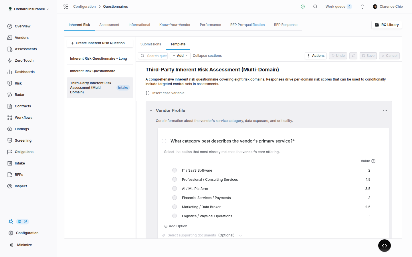 The Questionnaires page with the Inherent Risk tab selected and a template open on the Template tab