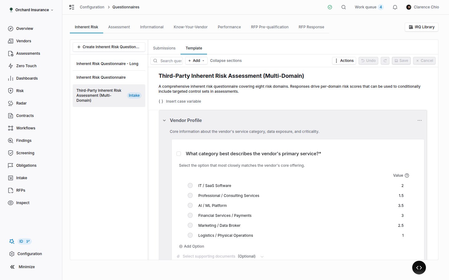 The Questionnaires page with the Inherent Risk tab selected and a template open on the Template tab