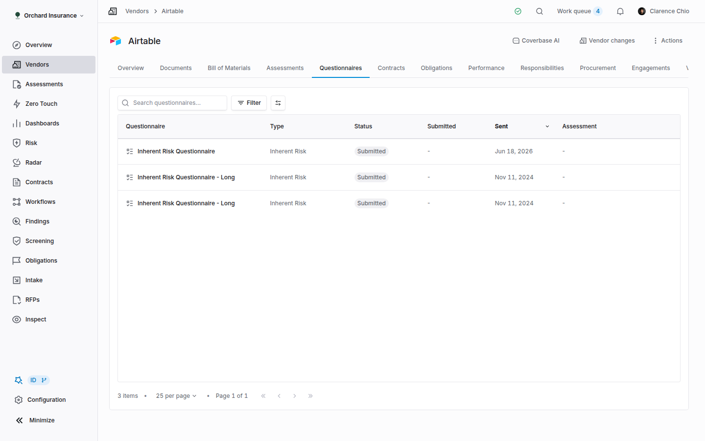 A vendor's Questionnaires tab listing questionnaires with type, status, sent and submitted dates, assessment, and reviewer columns