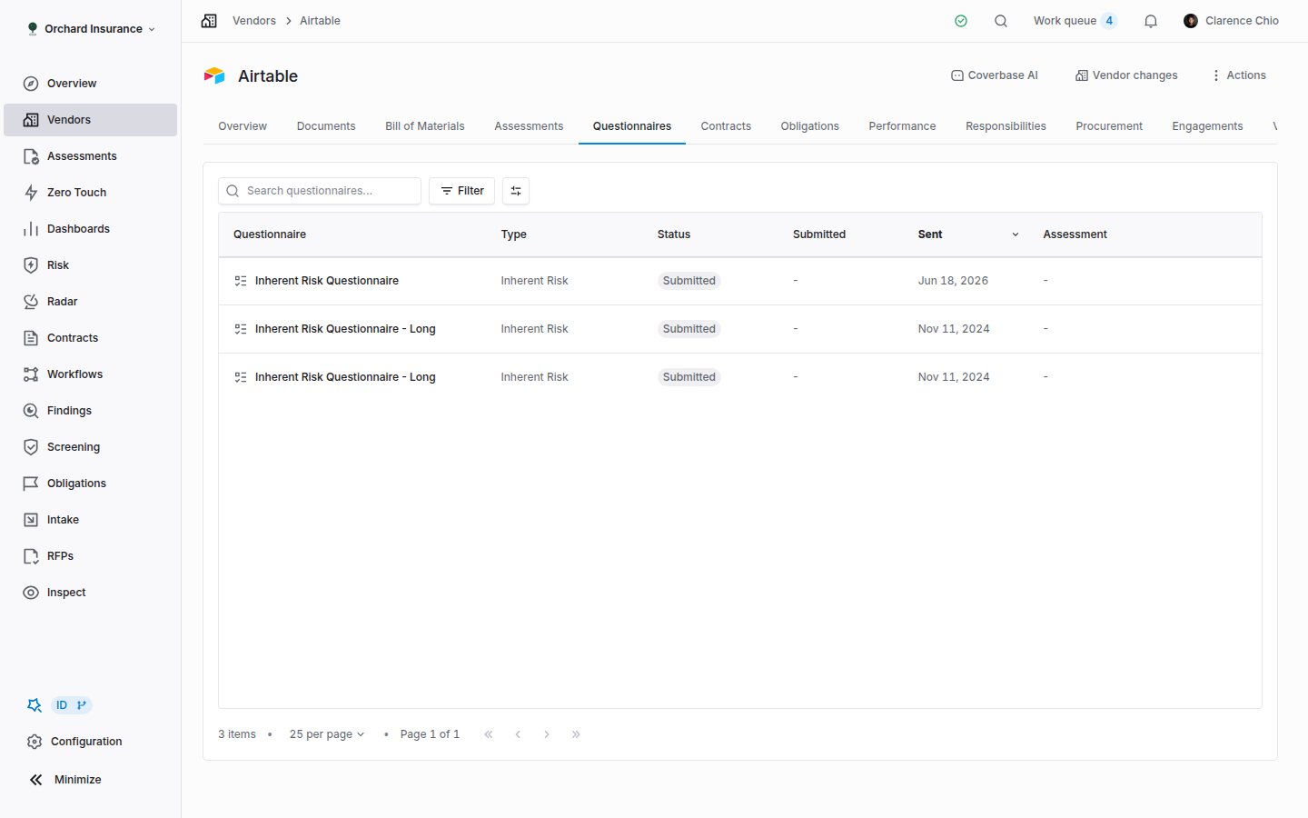 A vendor's Questionnaires tab listing questionnaires with type, status, sent and submitted dates, assessment, and reviewer columns