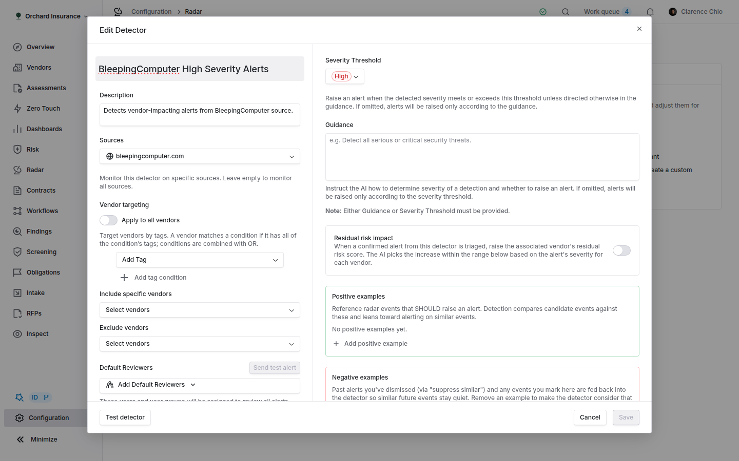Detector editor showing vendor targeting, severity threshold, guidance and risk impact