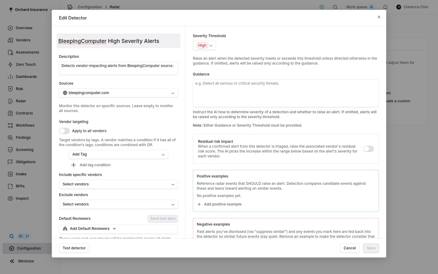Detector editor showing vendor targeting, severity threshold, guidance and risk impact