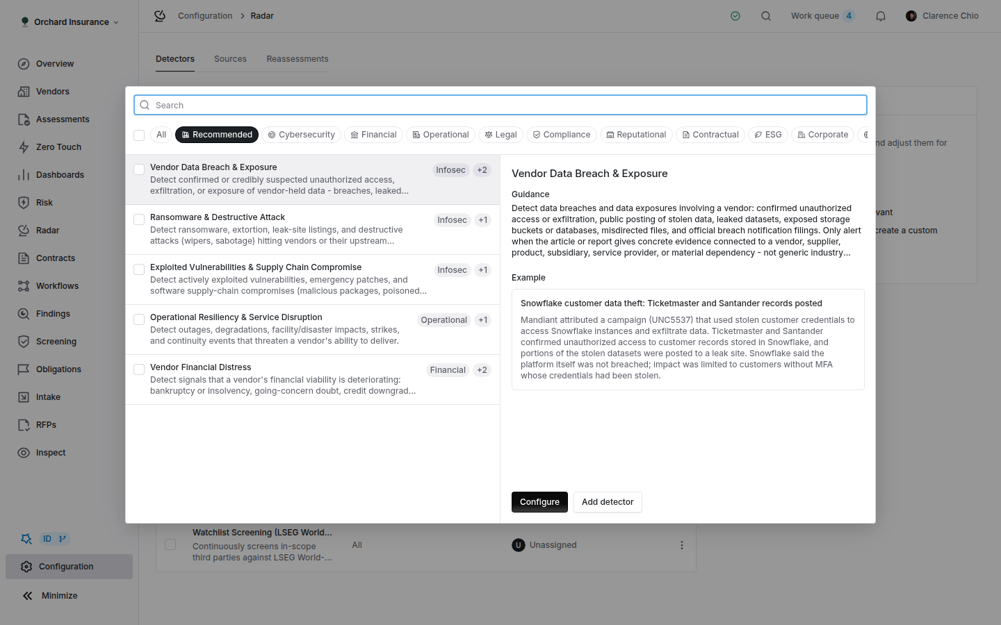 Detector library dialog with segment tabs and template cards