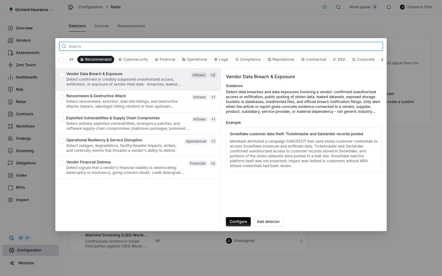 Detector library dialog with segment tabs and template cards