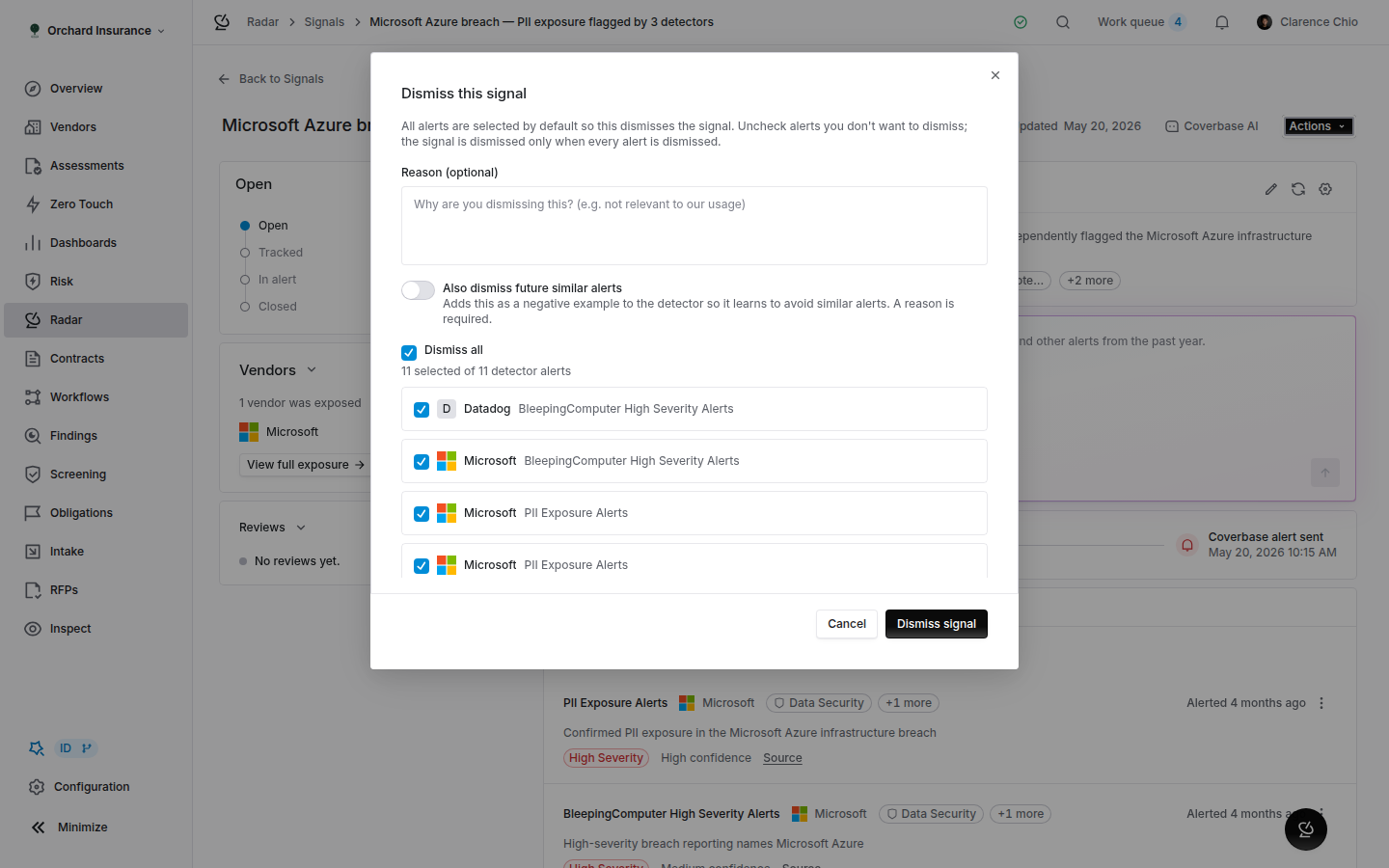 Dismiss signal dialog with a reason field, the suppress-similar switch and a checklist of alerts