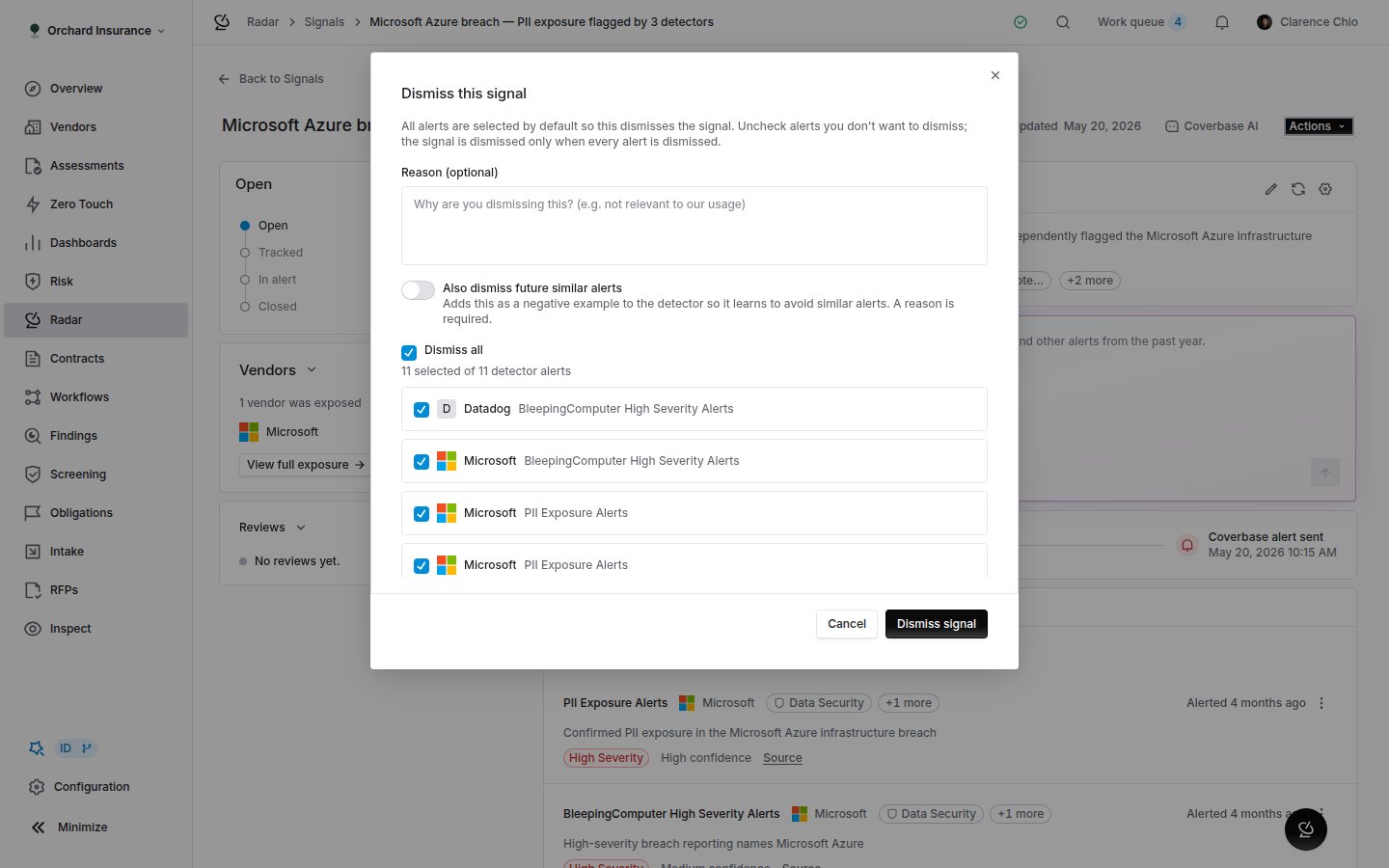 Dismiss signal dialog with a reason field, the suppress-similar switch and a checklist of alerts