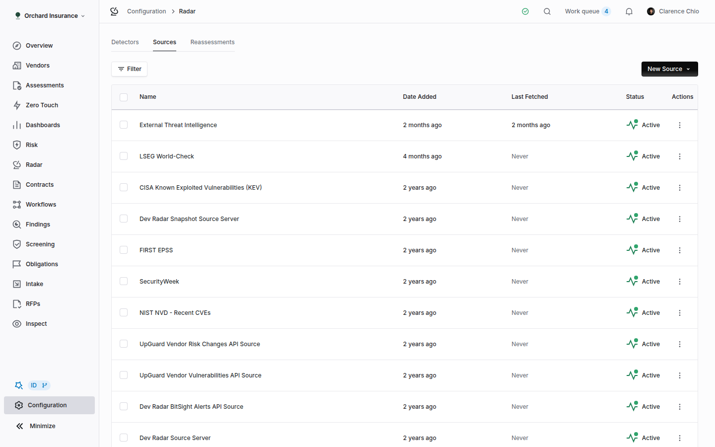 Radar sources list with Name, Status, Date Added and Last Fetched columns