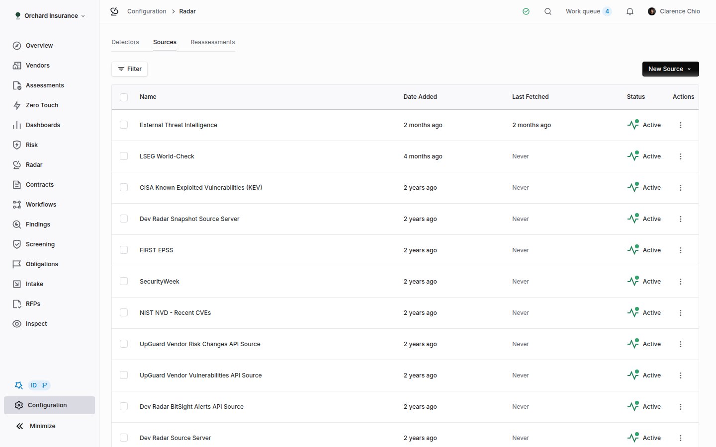 Radar sources list with Name, Status, Date Added and Last Fetched columns