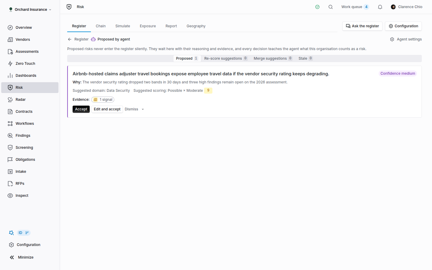 Agent inbox listing proposed risks with Accept, Edit and accept, Merge into and Dismiss buttons