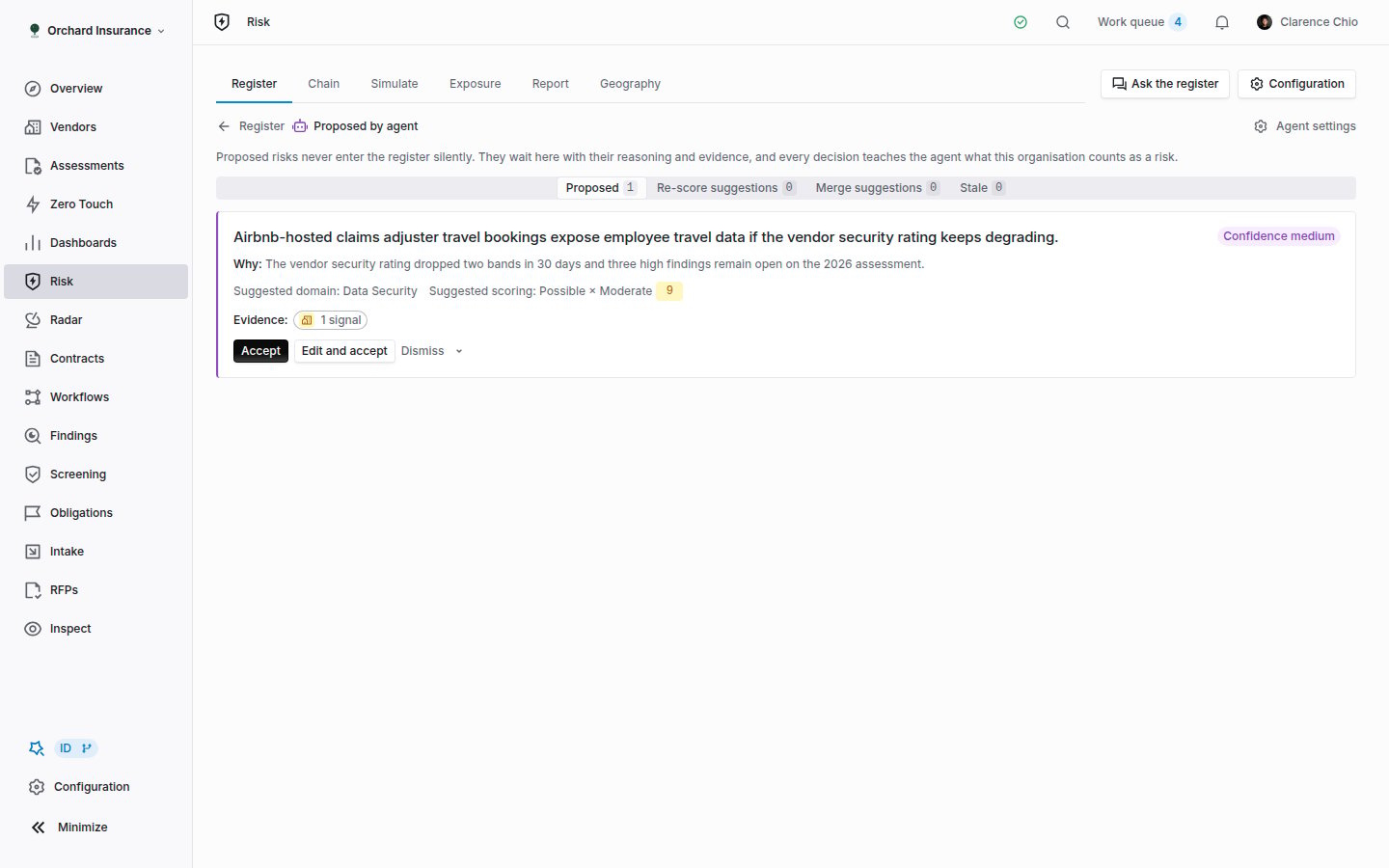 Agent inbox listing proposed risks with Accept, Edit and accept, Merge into and Dismiss buttons