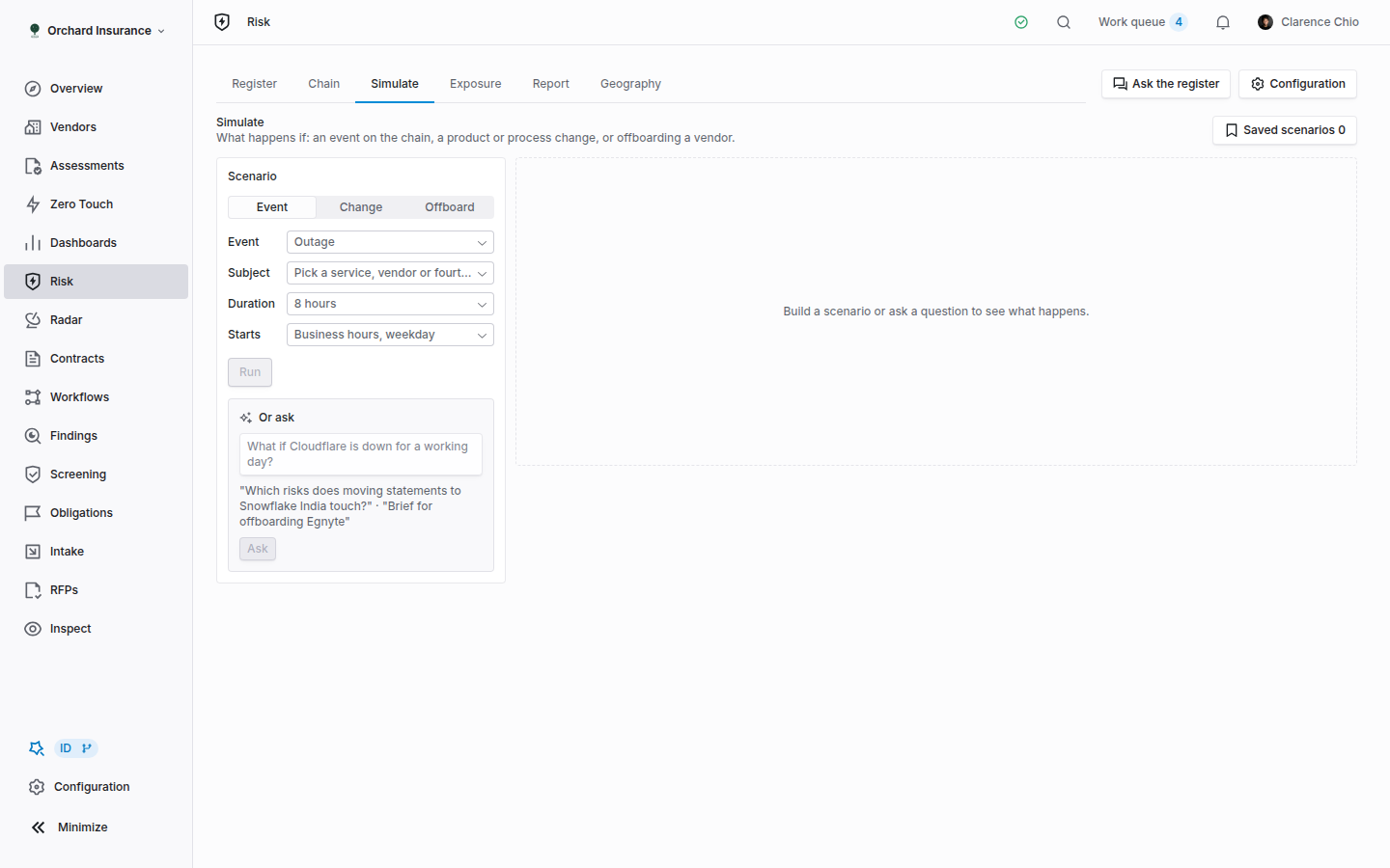Simulate tab with the scenario builder showing Event, Subject, Duration and Starts fields and the Or ask box