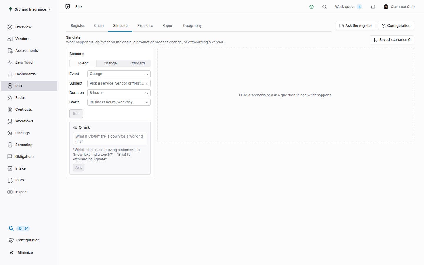 Simulate tab with the scenario builder showing Event, Subject, Duration and Starts fields and the Or ask box