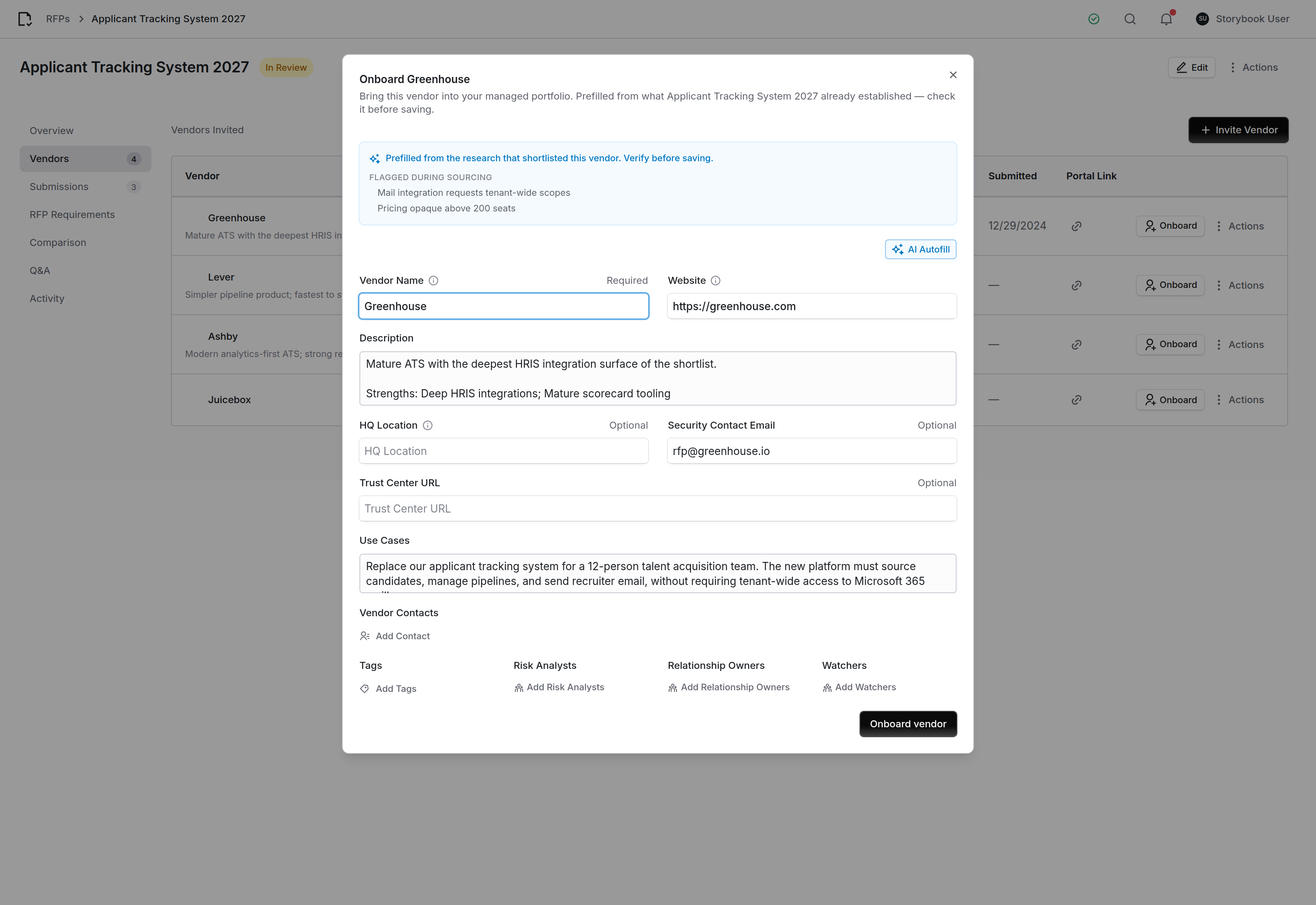 Onboarding a vendor from an RFP