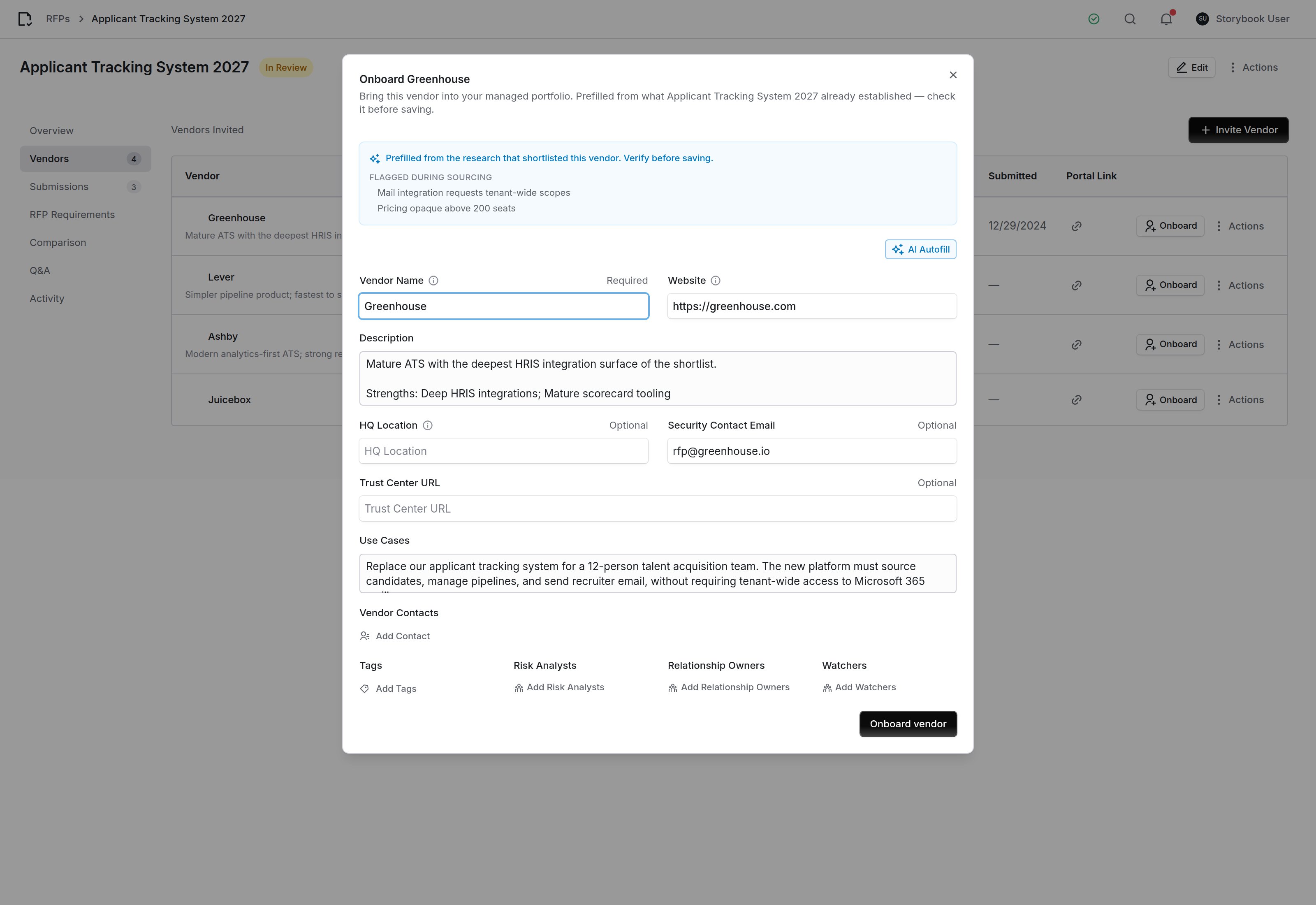 Onboarding a vendor from an RFP
