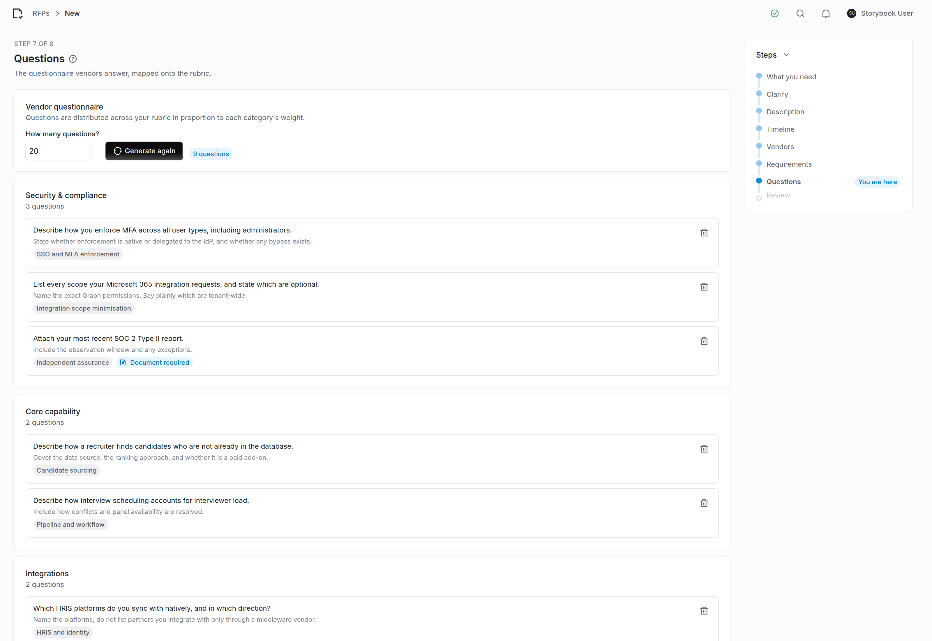 The generated vendor questionnaire