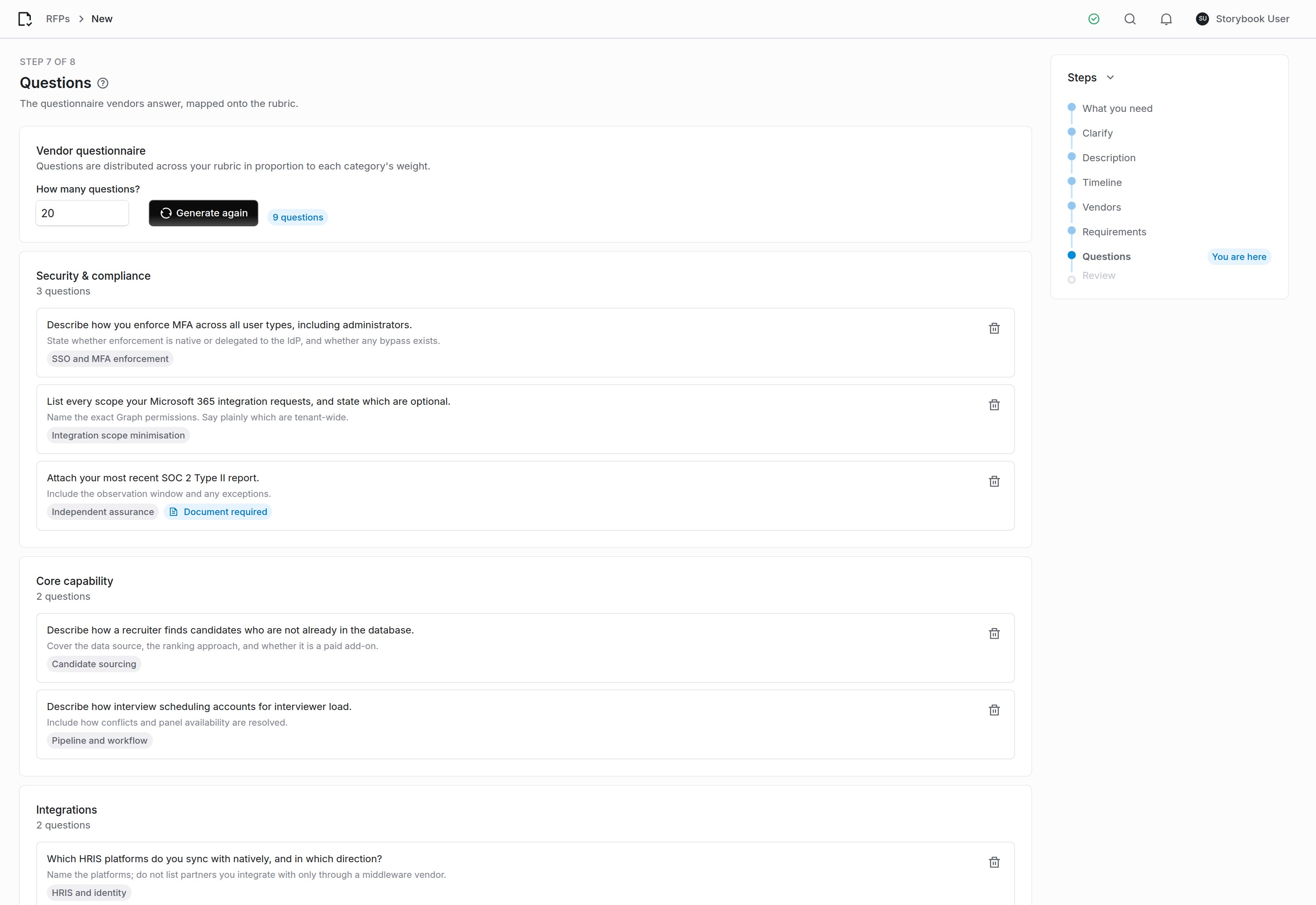 The generated vendor questionnaire