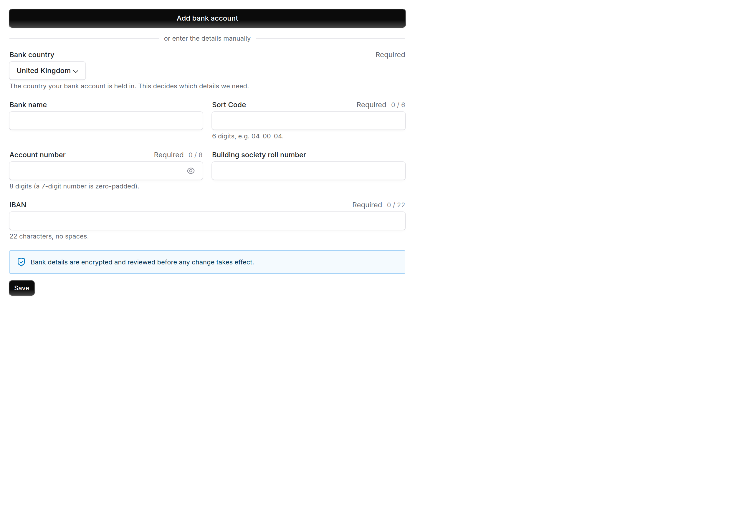 A bank account details question offering a live bank connection above the manual country fields.