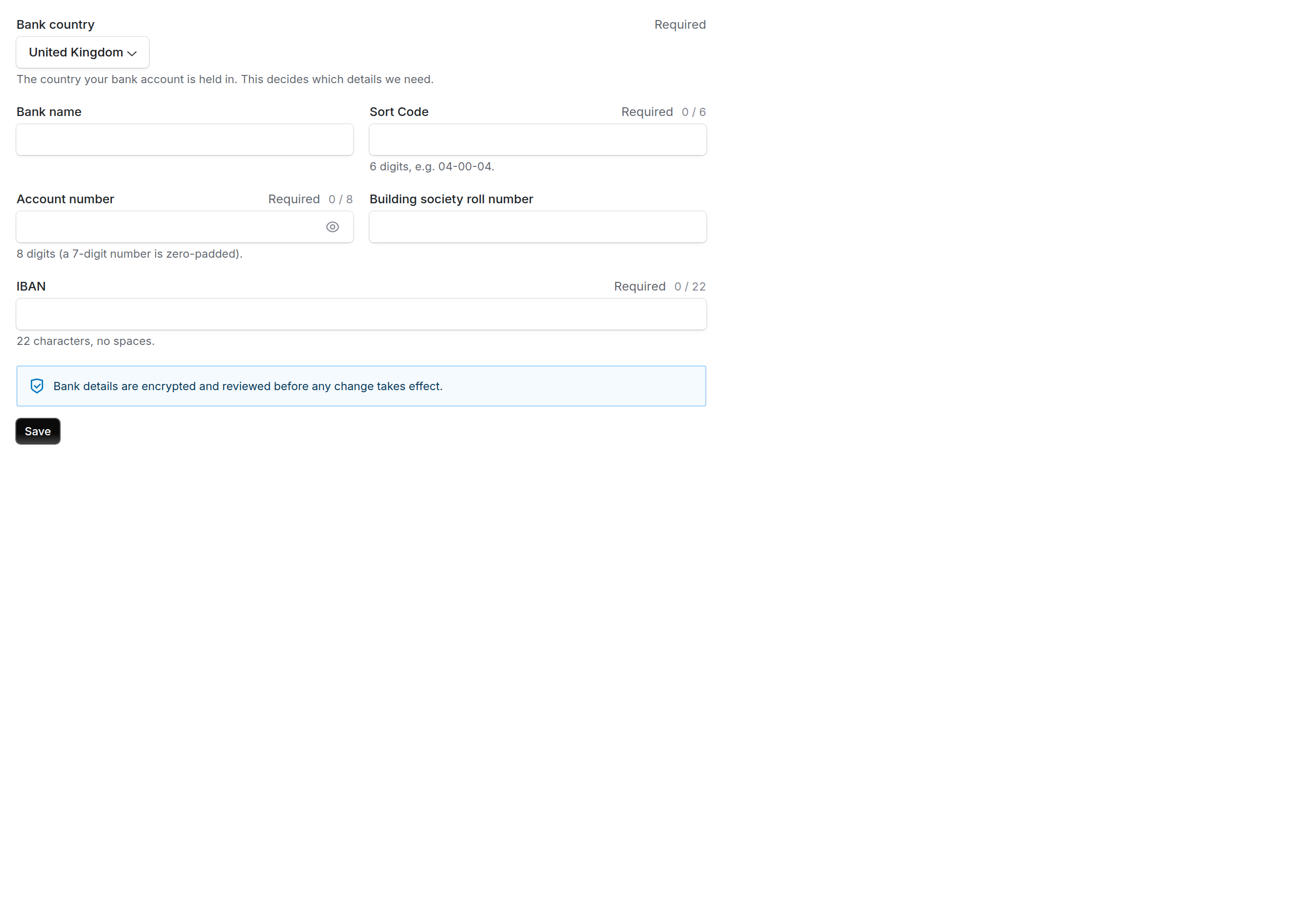 A bank account details question in a questionnaire, showing the country selector and the United Kingdom fields: sort code, account number and IBAN.