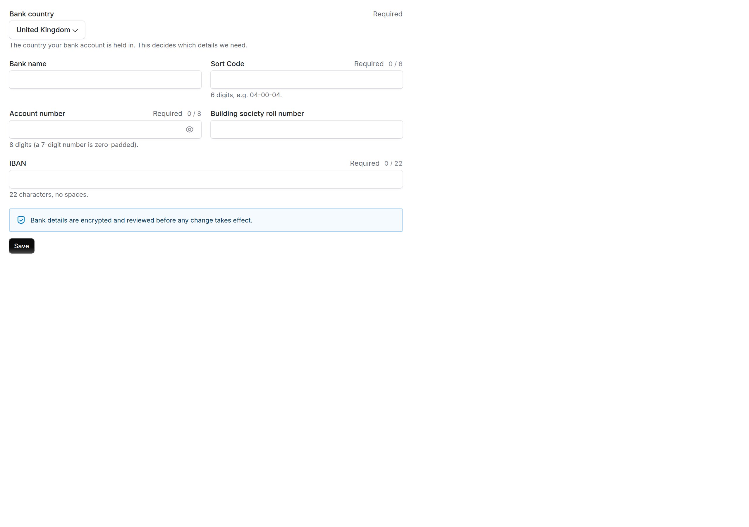 A bank account details question in a questionnaire, showing the country selector and the United Kingdom fields: sort code, account number and IBAN.