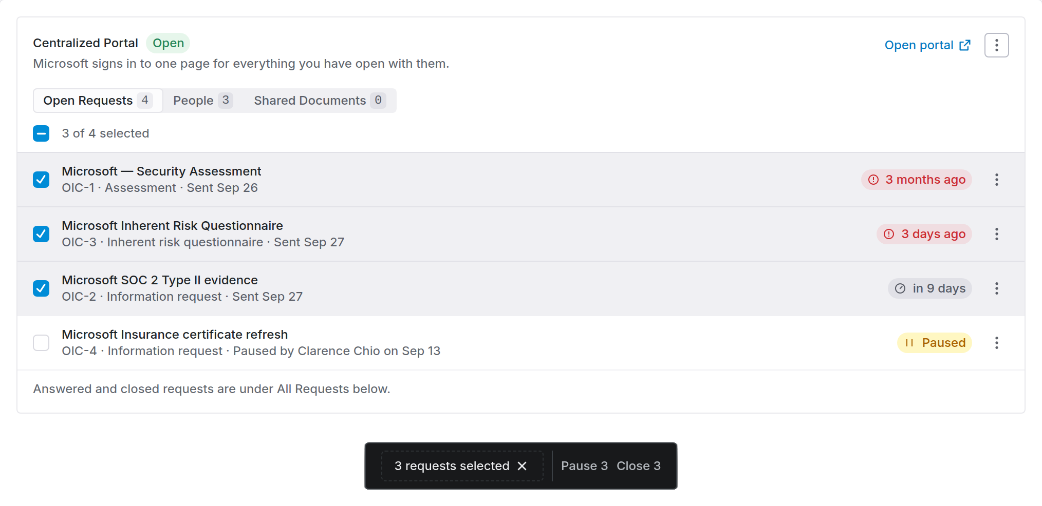 Open Requests with three of four requests ticked, and a bar offering Pause 3 and Close 3