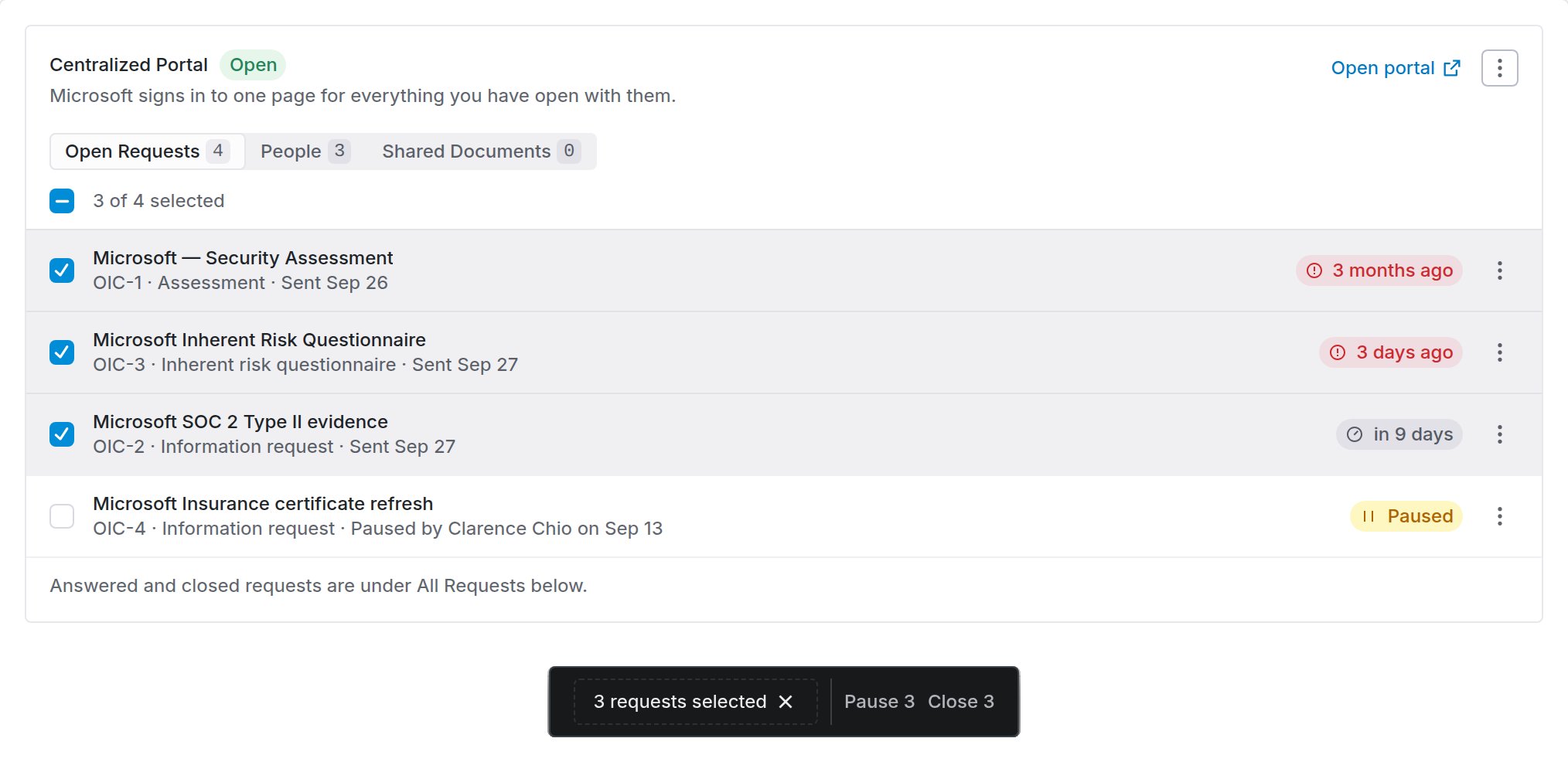 Open Requests with three of four requests ticked, and a bar offering Pause 3 and Close 3