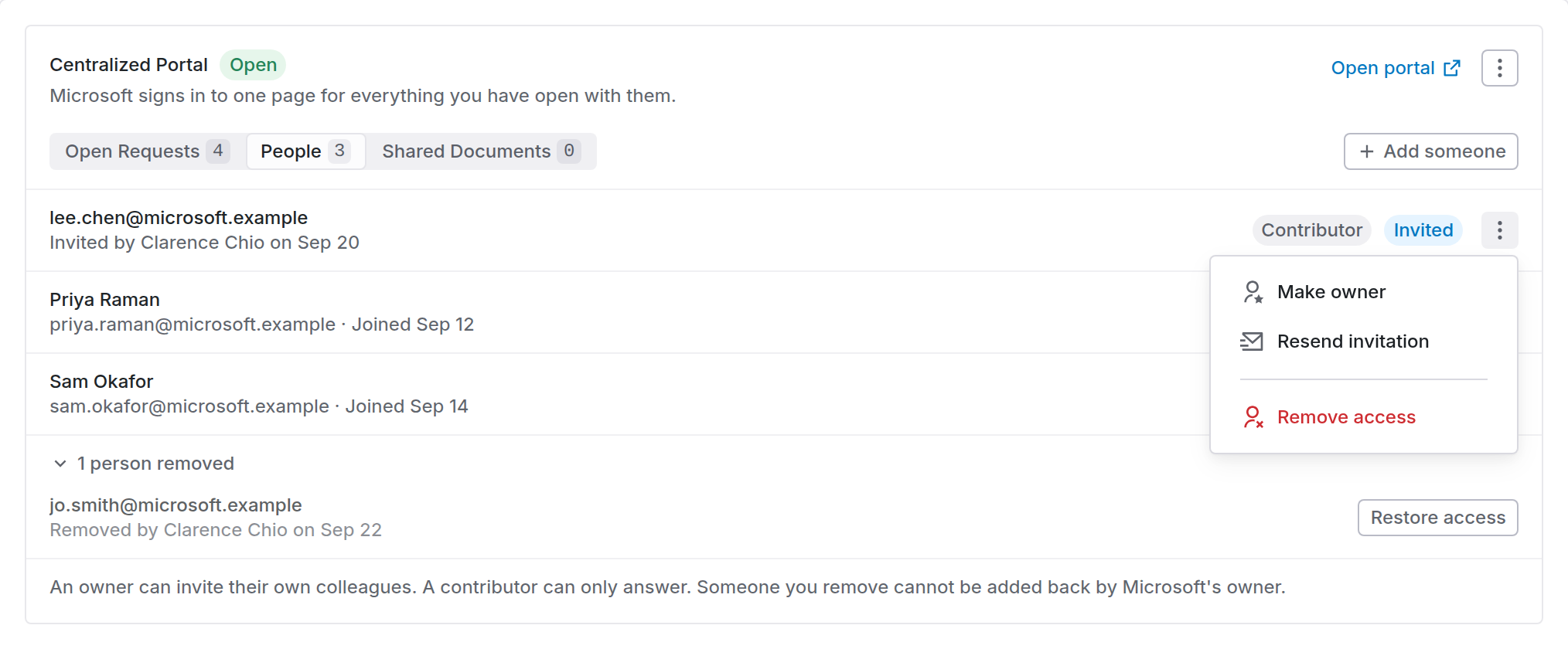 People tab listing an invited contributor, two people who signed in, and one person removed