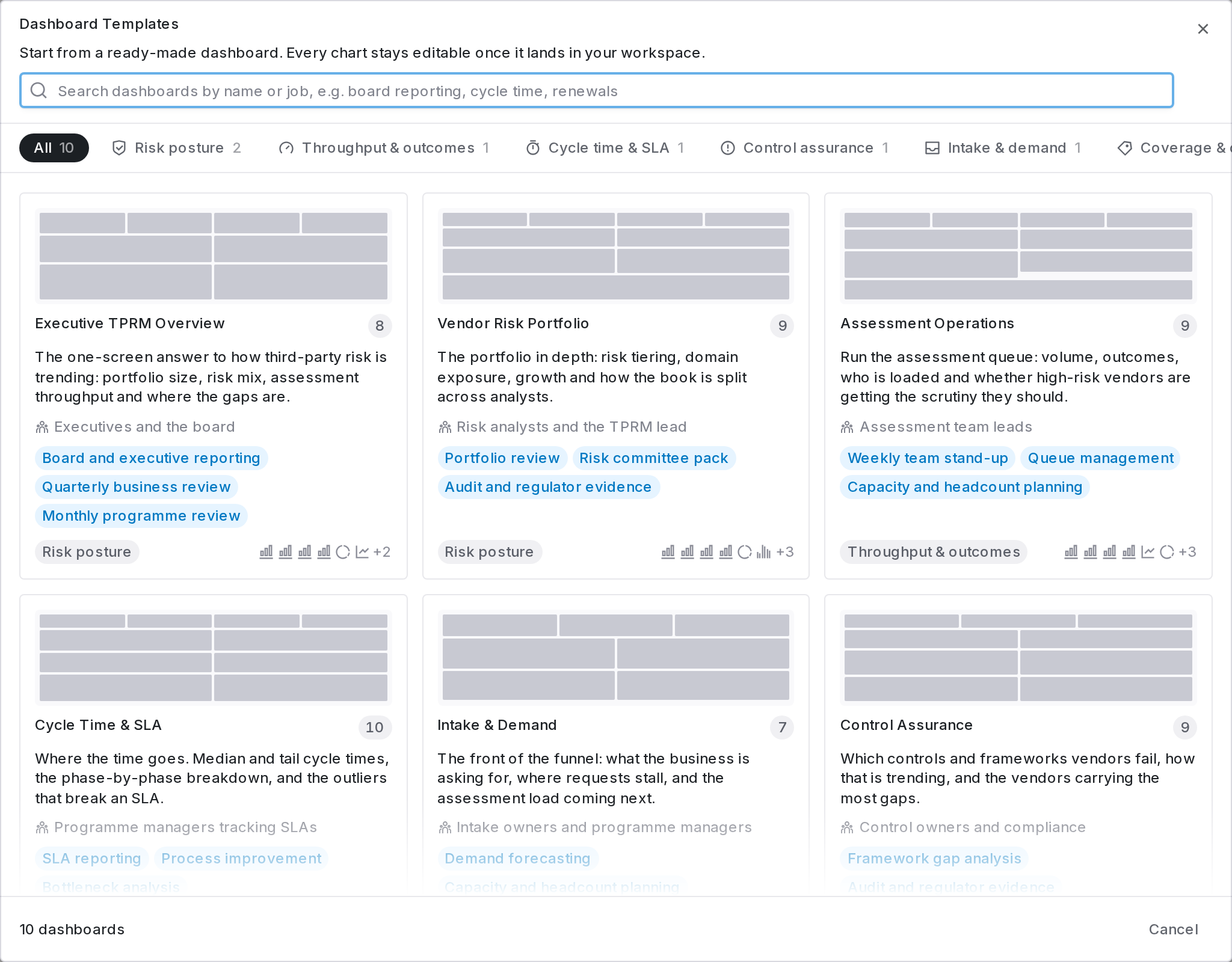 The Coverbase dashboard template gallery, showing template cards with layout thumbnails, audiences and job labels