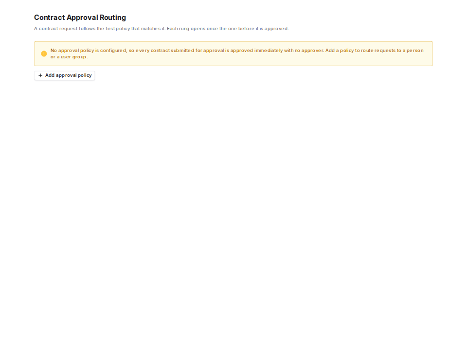 Contract approval settings with a warning that no policy is configured