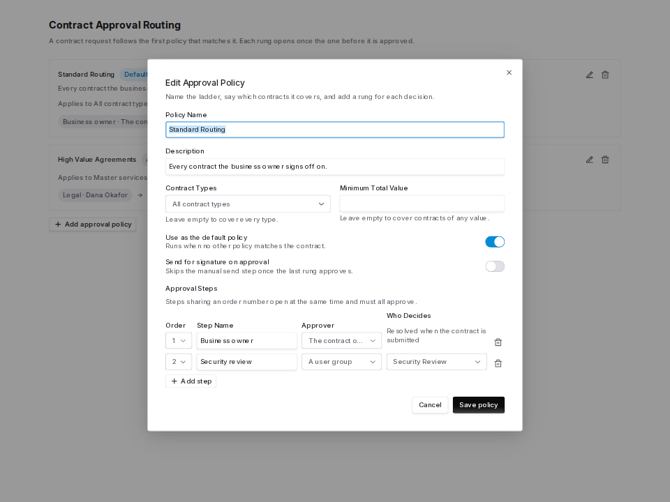 Approval policy editor with name, contract types, value floor, two toggles and two approval steps