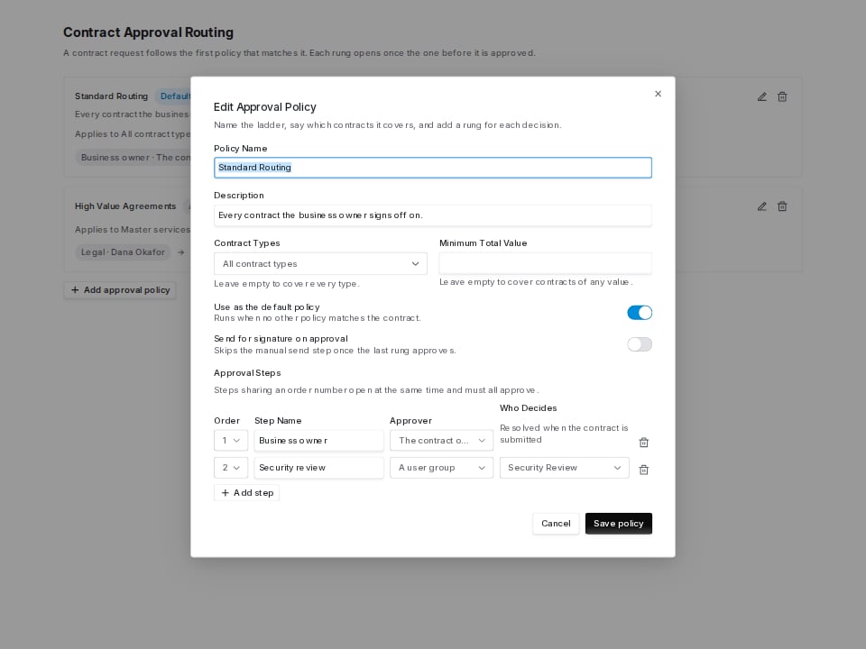 Approval policy editor with name, contract types, value floor, two toggles and two approval steps