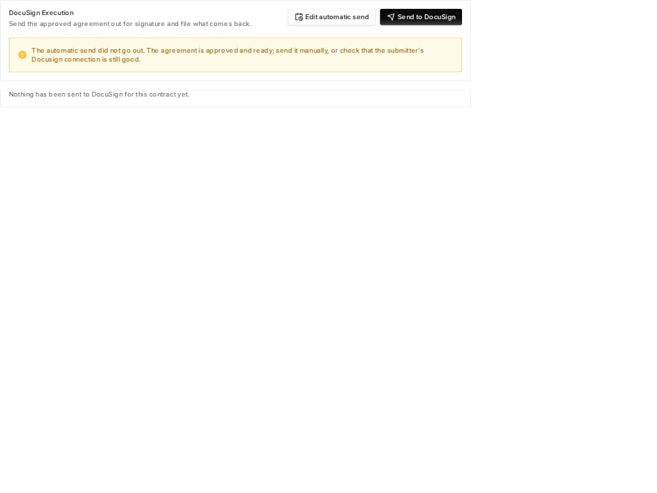 DocuSign Execution card warning that the automatic send did not go out