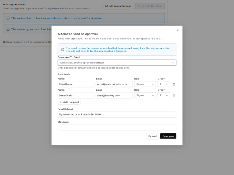 Automatic send dialog with a document picker, two recipients and an email subject