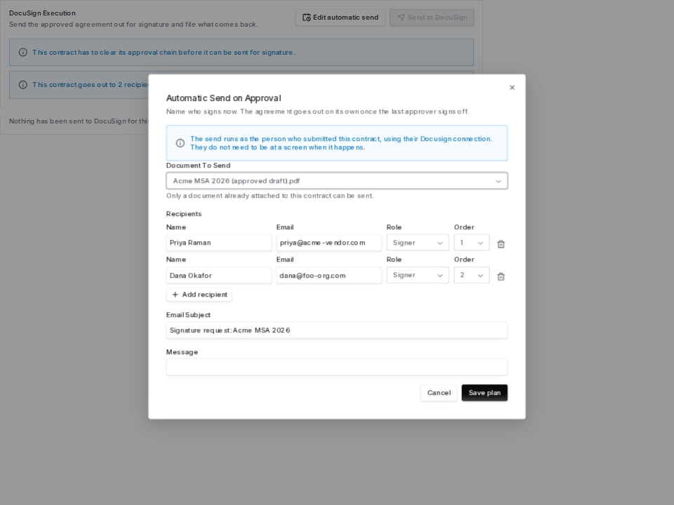 Automatic send dialog with a document picker, two recipients and an email subject