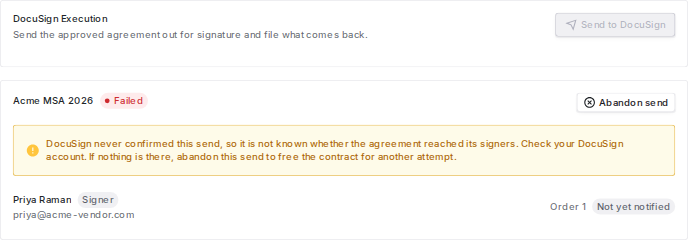 Envelope card marked failed, with a warning that Docusign never confirmed the send and an Abandon send button
