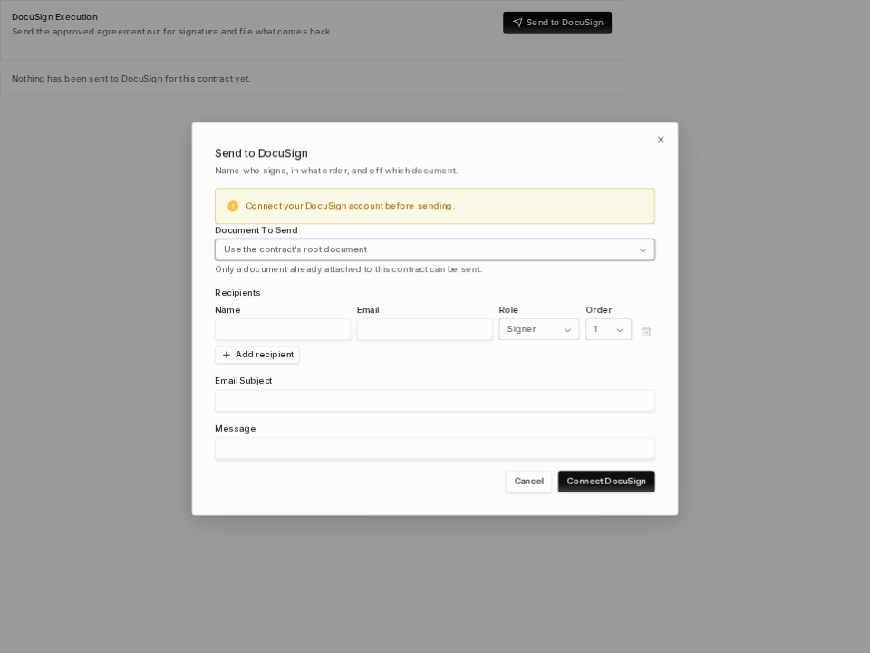 Send to DocuSign dialog with a document picker, recipient rows, subject and message