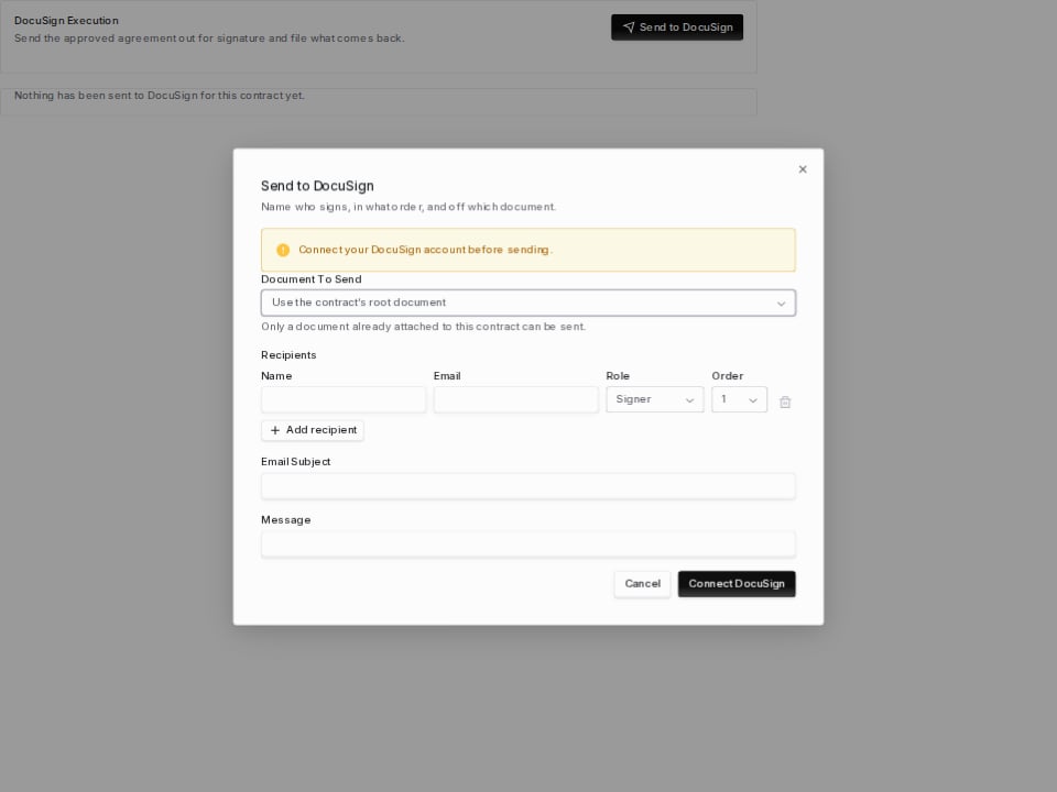 Send to DocuSign dialog with a document picker, recipient rows, subject and message