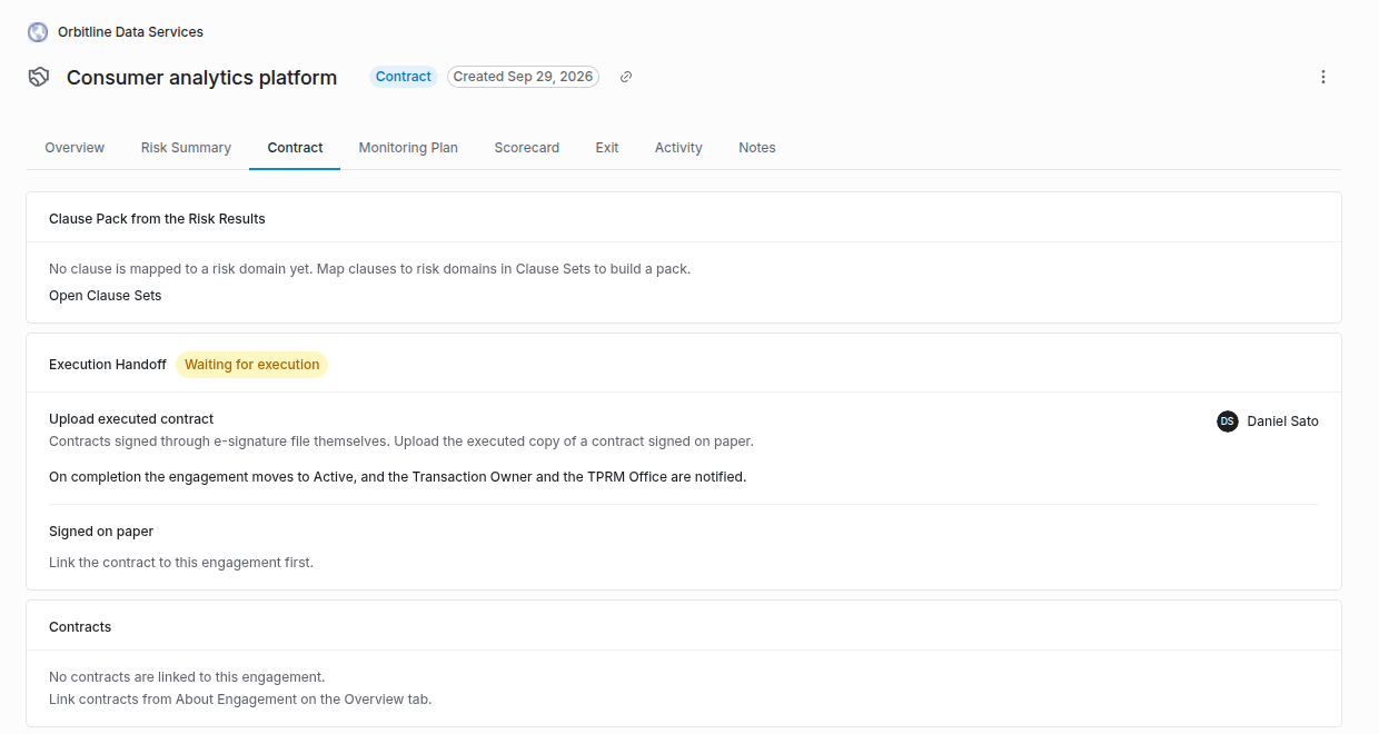 Contract tab for Consumer analytics platform with an Execution Handoff card labeled Waiting for execution, an Upload executed contract task assigned to Daniel Sato, and a Signed on paper section asking to link the contract first