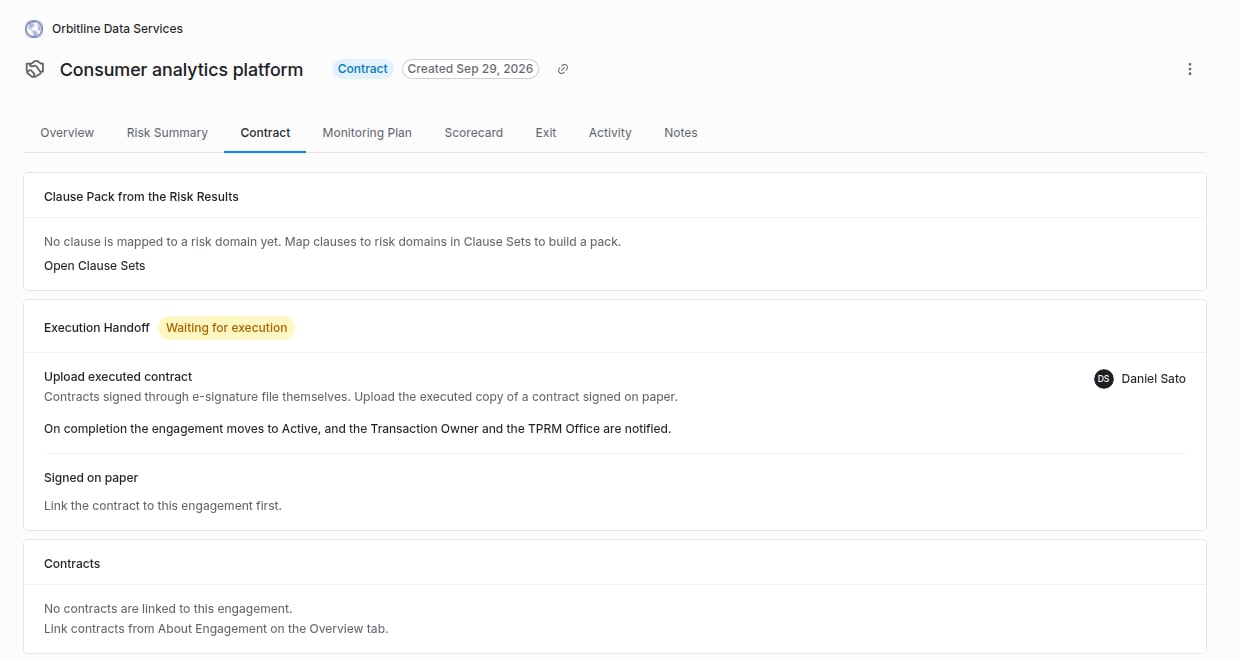 Contract tab for Consumer analytics platform with an Execution Handoff card labeled Waiting for execution, an Upload executed contract task assigned to Daniel Sato, and a Signed on paper section asking to link the contract first